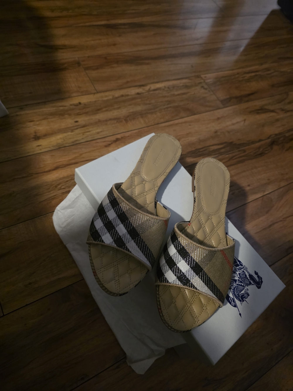 Burberry Beige Plaid Slide Mules